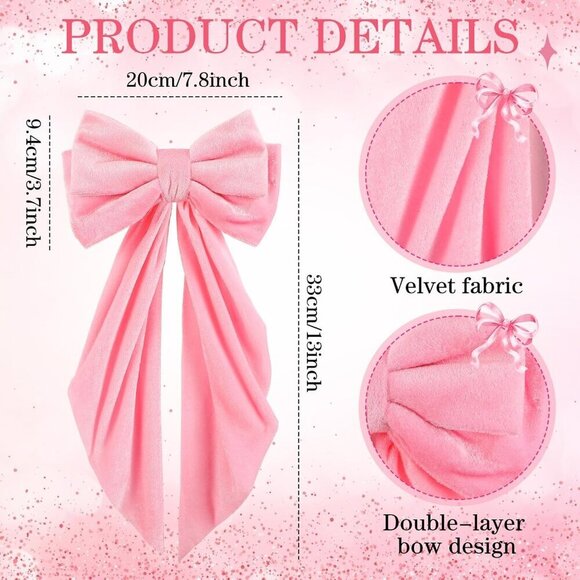 Large Pink Velvet Hair Bows 12 Pack Long Tail Coquette Decor Accessories